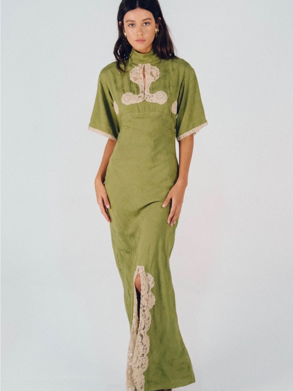 NWT LENNI Olive Green Lace-Trim Maxi Dress